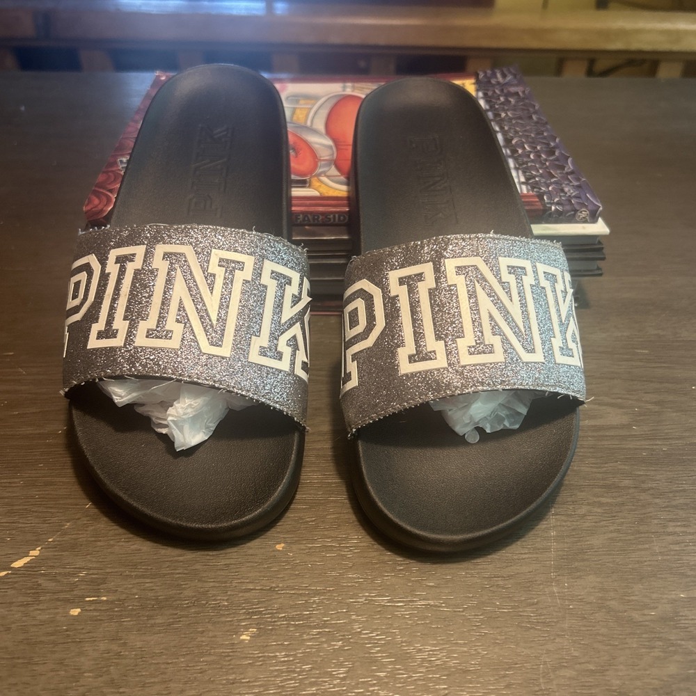 Victoria Secret Pink Silver Sparkle LOGO SLIDES Pool/ Beach Shoes Womens Size 7
